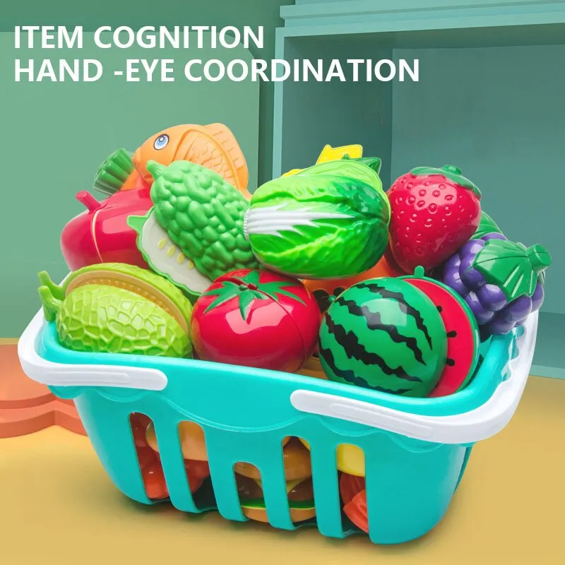 Juego de corte de alimentos de imitación, juego de cocina de alimentos de imitación, con canasta de almacenamiento, accesorio de frutas y verduras de 12 piezas | en línea