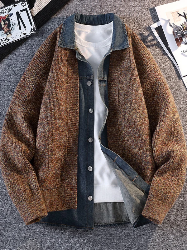 

Autumn Winter Men's Knitted Open Cardigan Casual Loose Jeans Collar Sweater Soft Polyester Fiber Long Sve High Ne Breath...