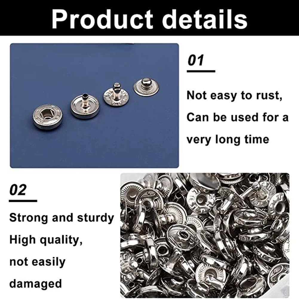 50 set Kit pengencang jepret kulit, jepret logam hitam, jepret kanvas perahu baja tahan karat untuk menjahit pakaian perak