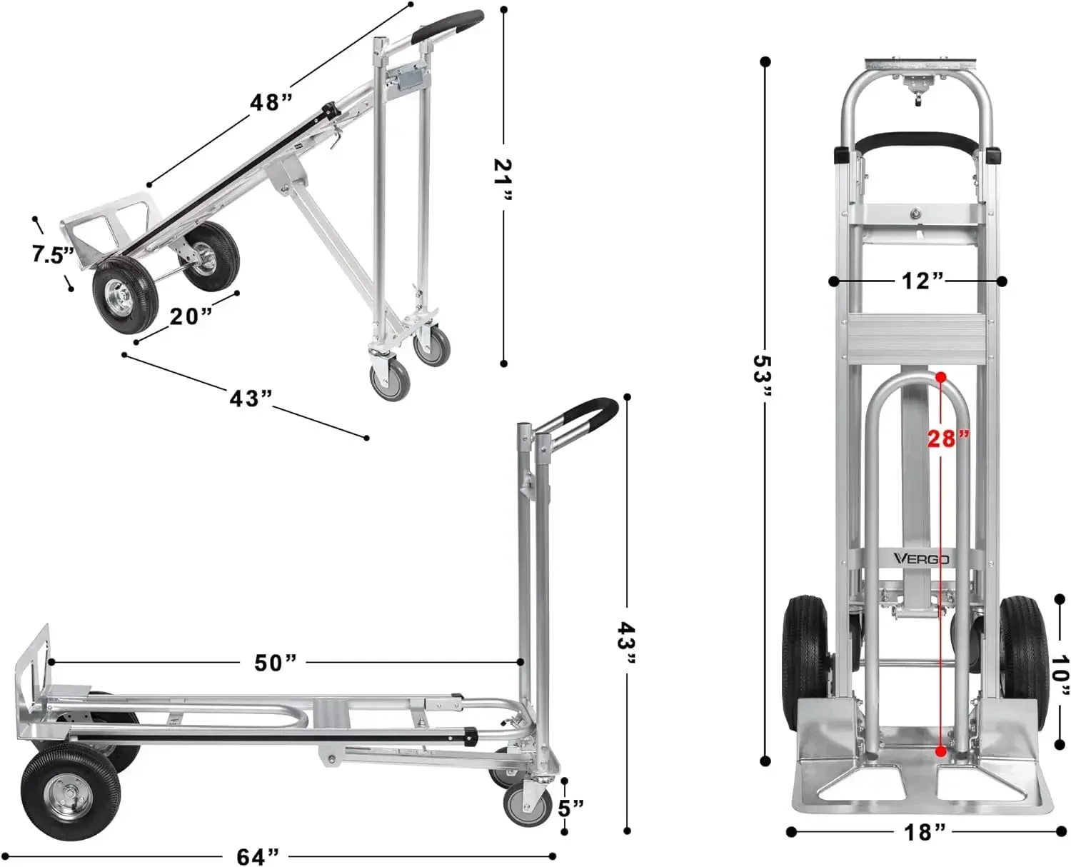 Vergo industriële converteerbare steekwagen - AS7A2 Heavy Duty aluminium 3-in-1 Dolly (750 lb capaciteit) Lichtgewicht frame, ergonomisch