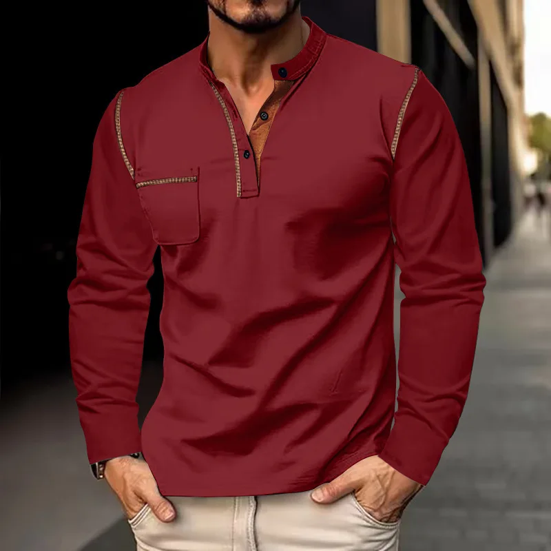 Men's Long Sleeve Henley Shirt Contrast Stitching Stand Collar Button Placket Chest Pocket Casual Top
