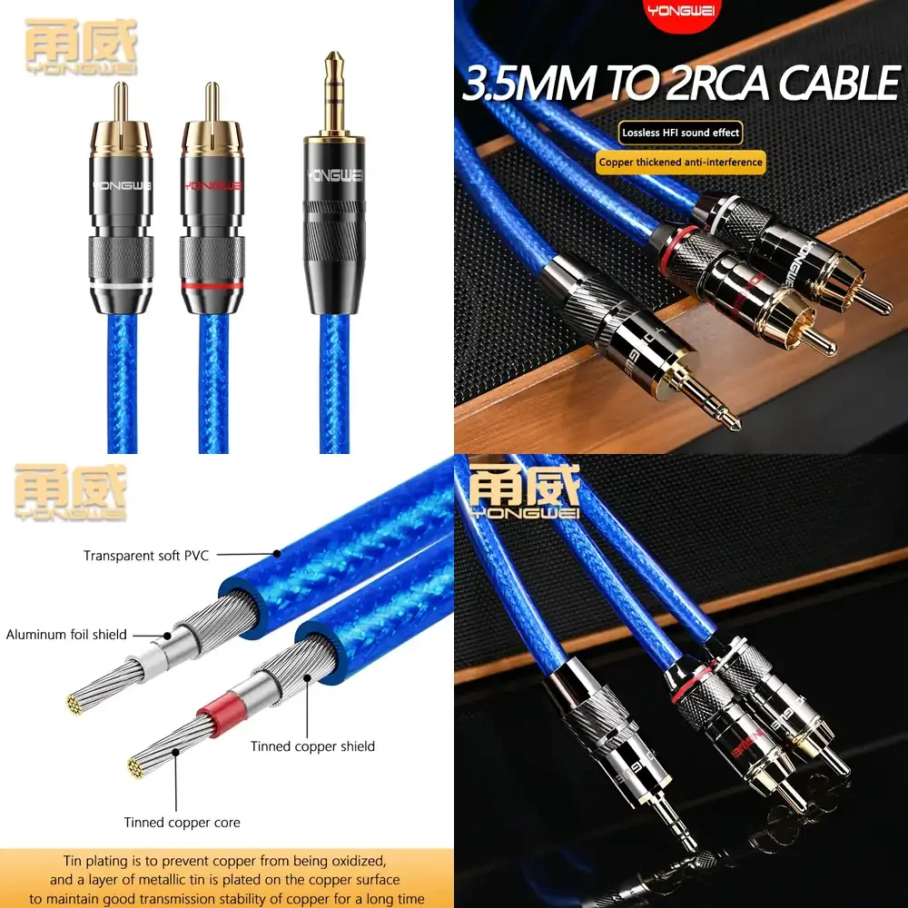 YONGWEI 6N High Purity Oxygen Free Copper Silver Plated 3.5mm to Dual RCA Audio Cable for Stereo Amplifier Home Theater Noise