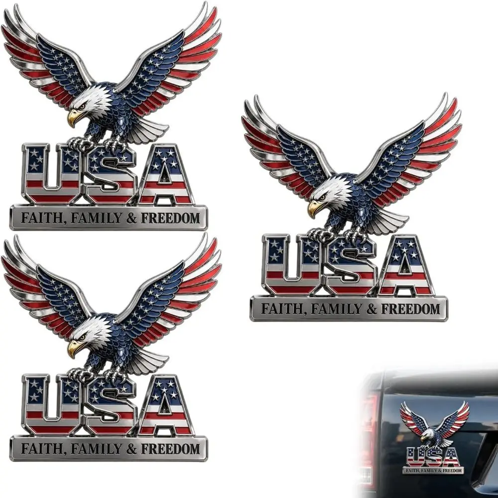 3D Raised Metal Design USA Faith Family Emblem American Eagle & US Flag Pattern Faith Family Freedom Slogan Car Emblem