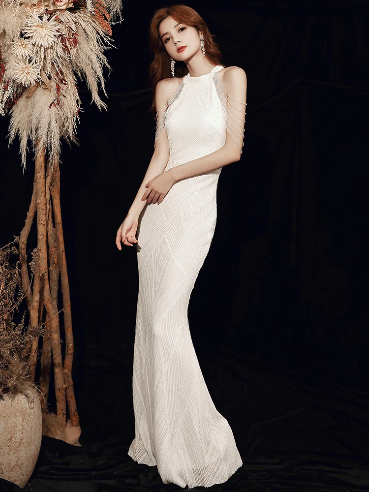 

Ele White Long Fi Tail Evening Gown Women's Ball Sexy Host Luxury mat High End Faionable mid Waist Zipper