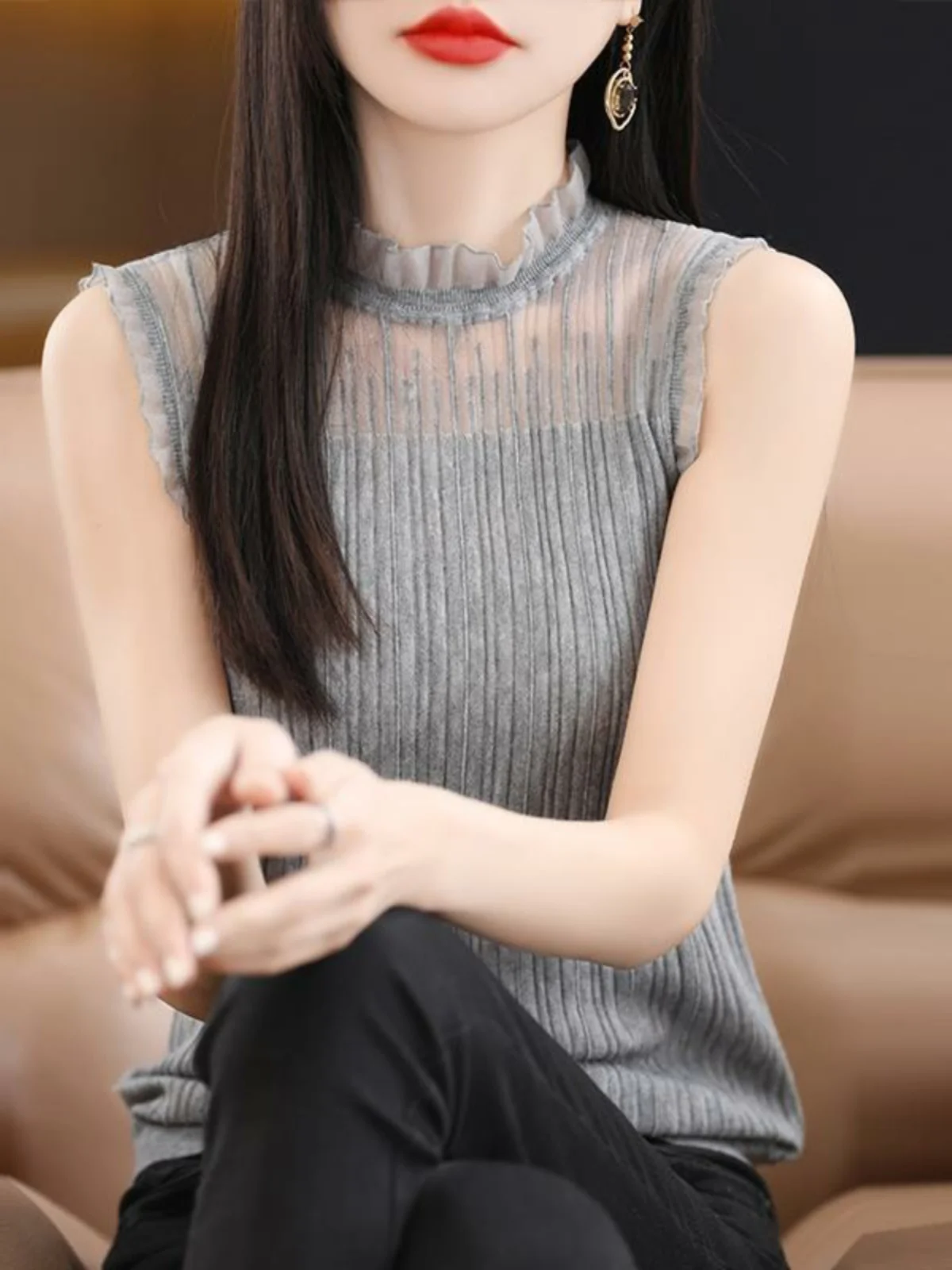 Faionable Lace Trim Colete Feminino Outono Inverno Me ter Ne Base irt Gola Falsa Renda Interior Svel Top