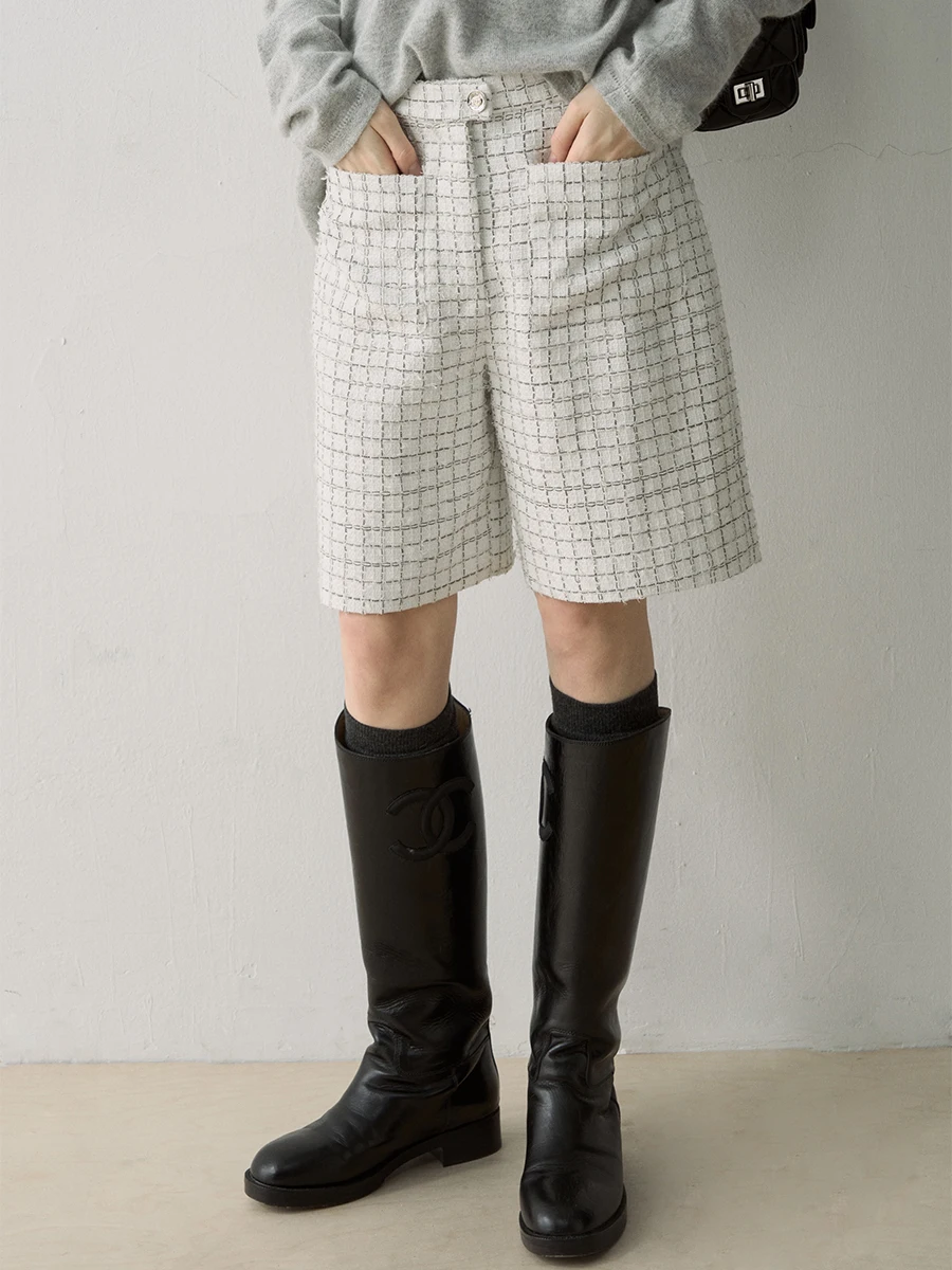 

Deesicile Commuter Sle Women's Cheered Tweed Suit Pants High Waist Straight Leg ort Length Faionable Office Wear