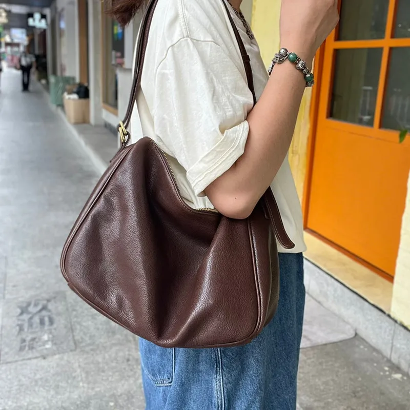 Women\'s Bags Vegetable Tanned Cowhide Shoulder Bag Female Genuine Leather Luxury Handbag Simple Large Practical Crossbody Bag