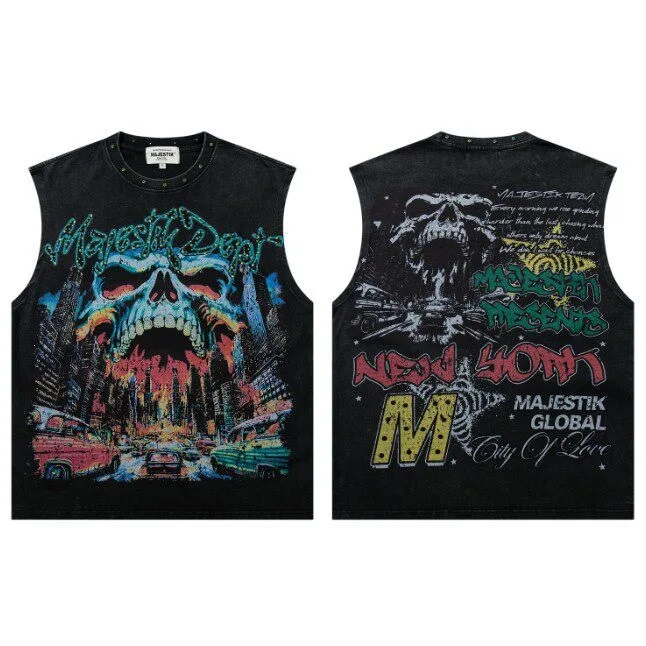 MAJESTIK Retro Graffiti Street Skull Directly Printed Denim Blouse Weathered Loose Beaded Sleeveless T-shirt