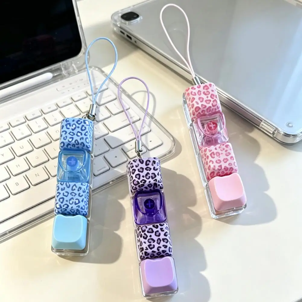 Leopard Print 4 Key Mechanical Keychain Portable Sensory Clicker Keycap Pendant Stress Relief Desk Gadget Bags Charm Pendant