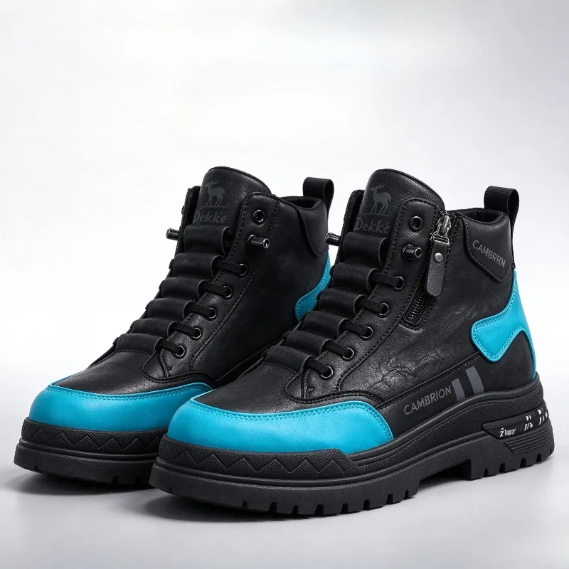 Men's High Top Casual Sneakers, Leather Upper Side Zipper Design Thick Sole Fashion Streetwear Comfortable Daily Walking Shoes