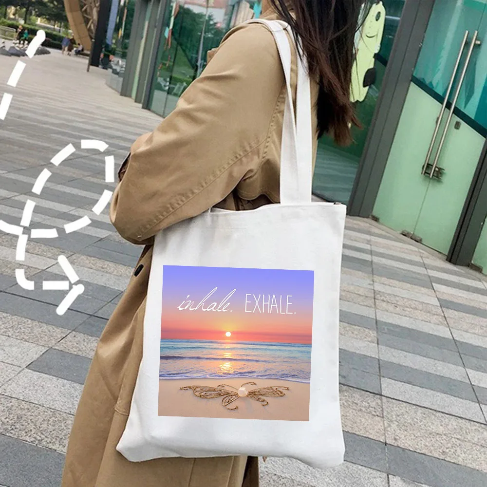 Sea Love Heart Beach Sunset Letter Landscape Scenery Coast Women Girl Canvas Shoulder Harajuku Handbag Tote Shopper Shopping Bag