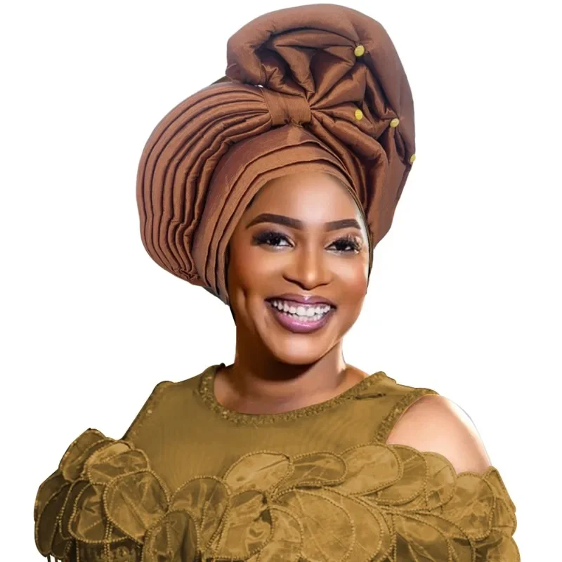 

Raw Silk Turban Cap for Women African Female Head Wraps Nigeria Wedding Party Headcover Hat Ready to Wear Head Ties