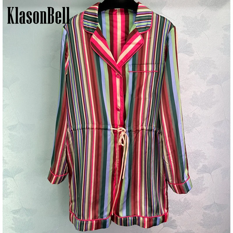 

7.31 KlasonBell Women Rainbow Striped Print Long Sleeve Shirt Playsuit Pocket Drawstring Waist Breathable Holiday Rompers