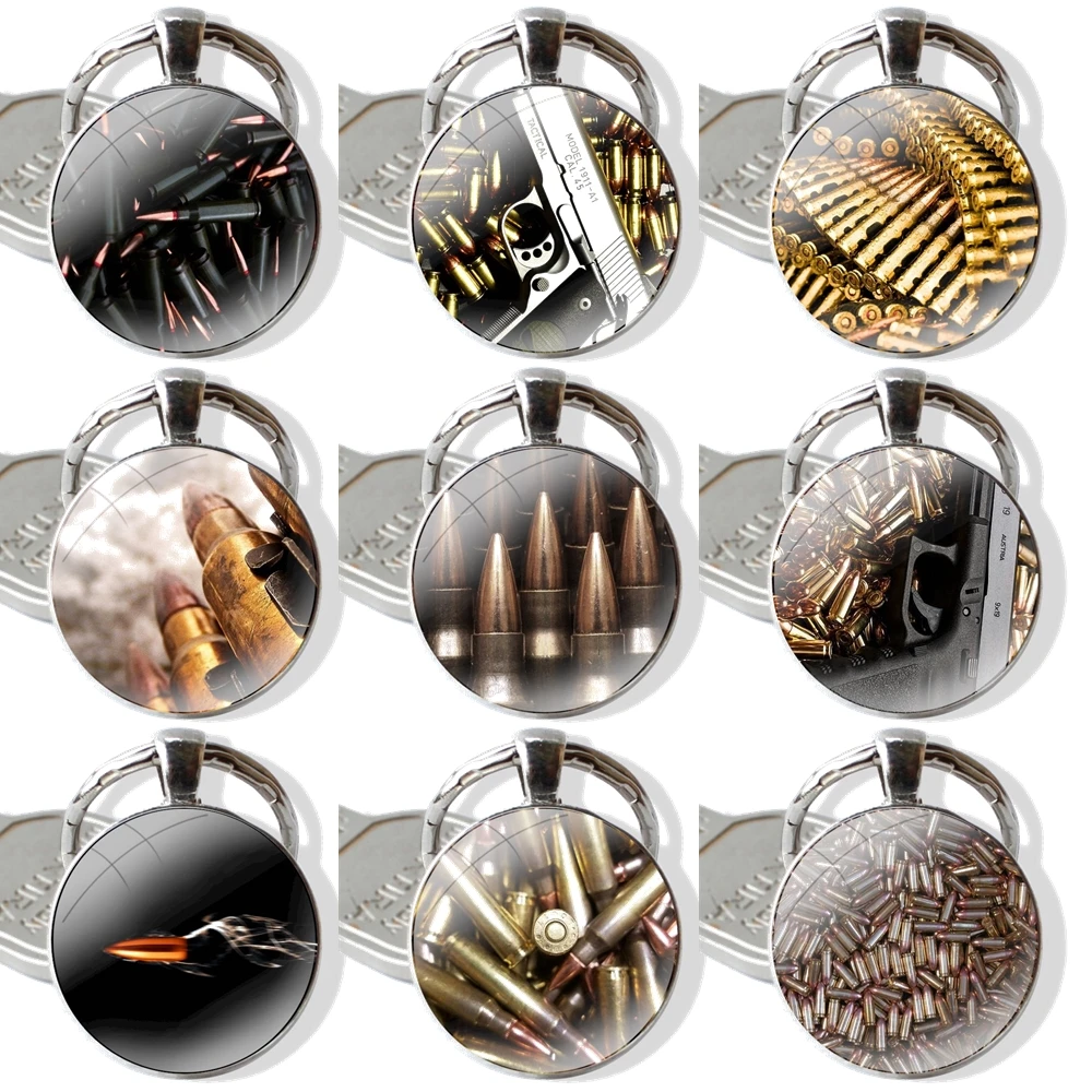 Keychain Handmade Glass Cabochon Key Ring Holder Pendant Key Chains Loose Gold Bullets gun Bullet New