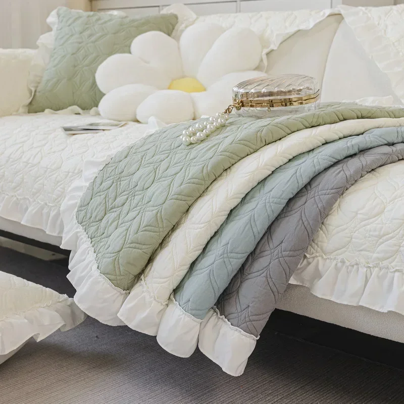 Cotton Sofa Cushion Non-slip Four Season Sofa Cover Solid Color Cream Style Living Room Furniture Protector Backrest Towel Cover