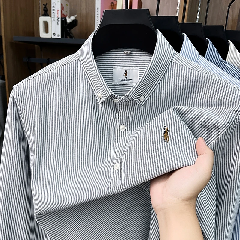 Luxury Brand 100% cotton long sleeve shirt men's fashion striped autumn new high-end pony embroidery comfort casual Paul top