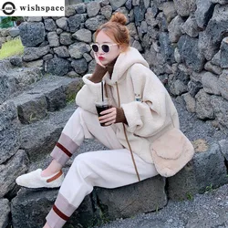 Imitation Lamb Wool Suit Women's Autumn and Winter Korean Version Loose Fake Two-piece Top Woolen Pants Two-piece Set Trendy