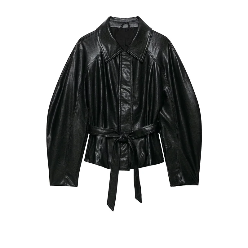 Guobioziy Women's Jacket 2026 Fall/Winter New Style Solid Color Long Sleeve Faux Leather Belt Loose Biker Parka Stylish Trendy