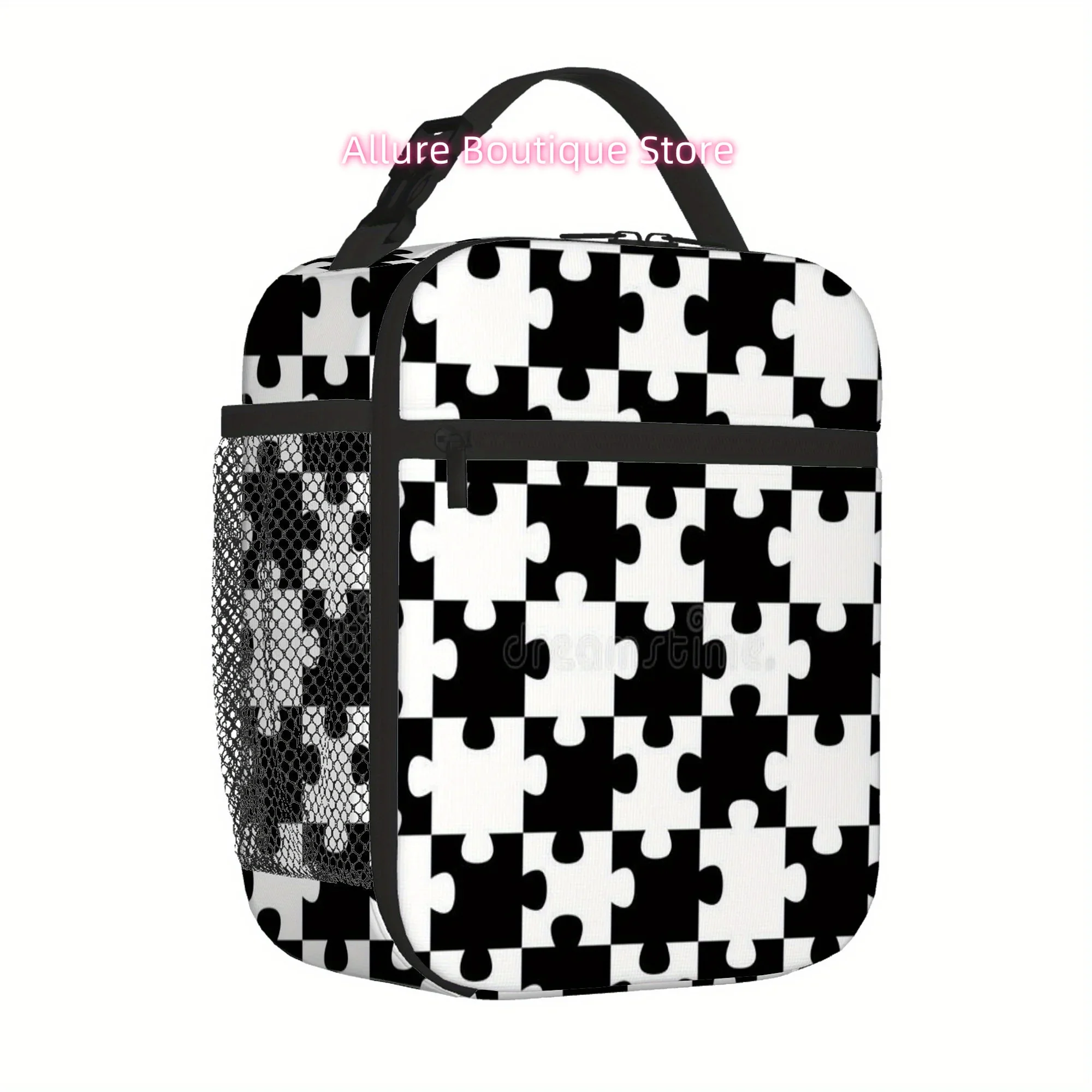 1pc, Puzzle Pieces Creating a Checkerboard Design. Thermal Printed Bag, Insulation Bag, Insulated Carrier, Not for Food Contact,