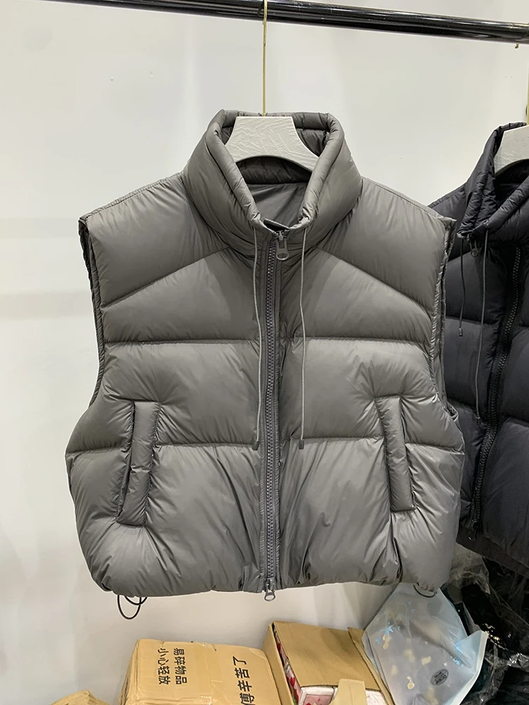 Autumn Winter Stand Collar Drawstring Down Vest Female Double Zipper Warm Waistcoats Women White Duck Down Sleeveless Puff Vests
