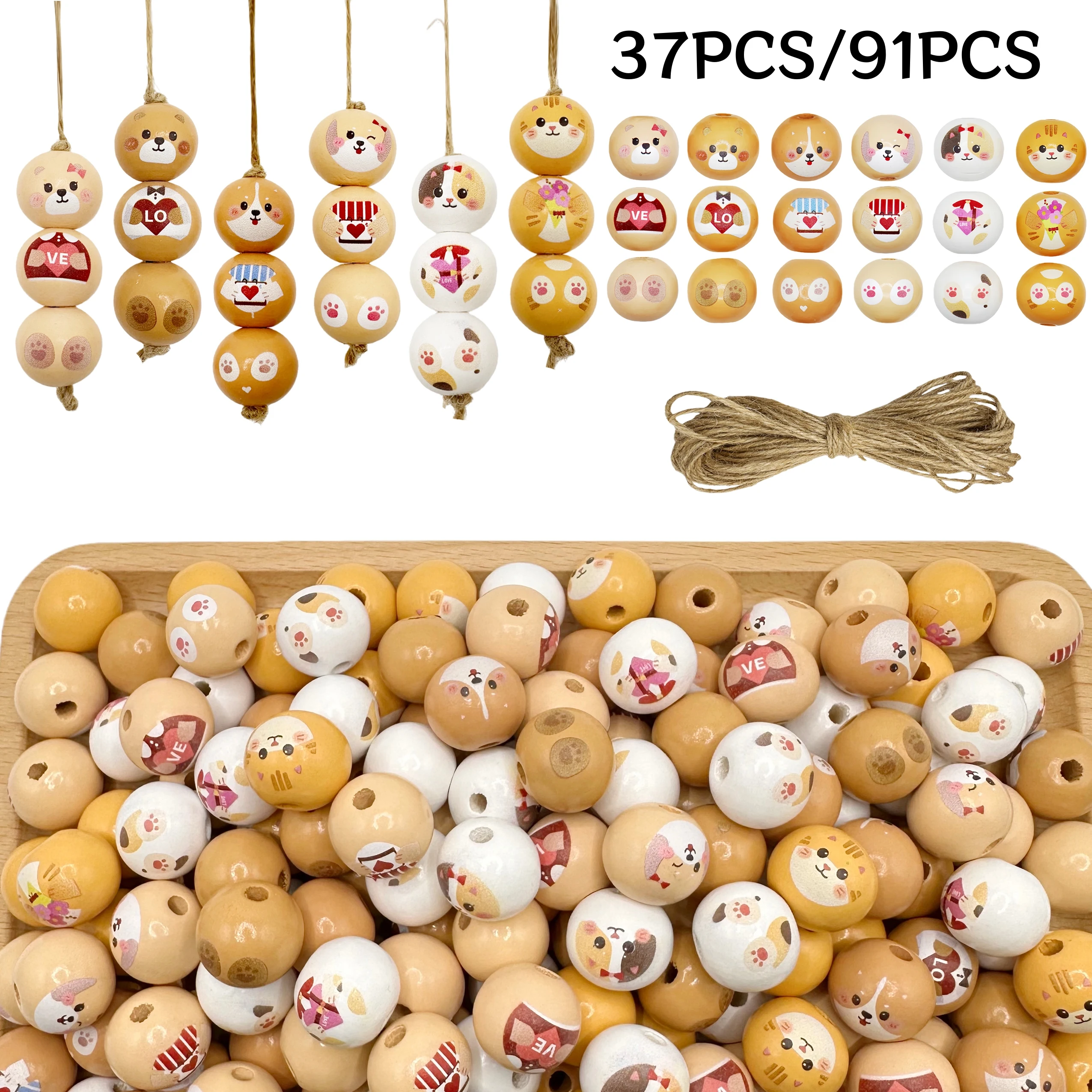 37-teiliges/91-teiliges Cartoon-Tier Valentinstag Katze Hund DIY Perlen-Set, Geschenke für DIY-Enthusiasten, Festliche Dekoration Holzperlen-Bastelset