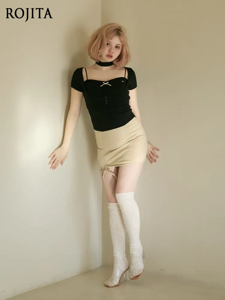 Japanese Style Sweet Gentle Cable Stitch Suspender Vest + Short-sleeve Top 2-piece Set Summer Girl Elastic Knitting T-shirt