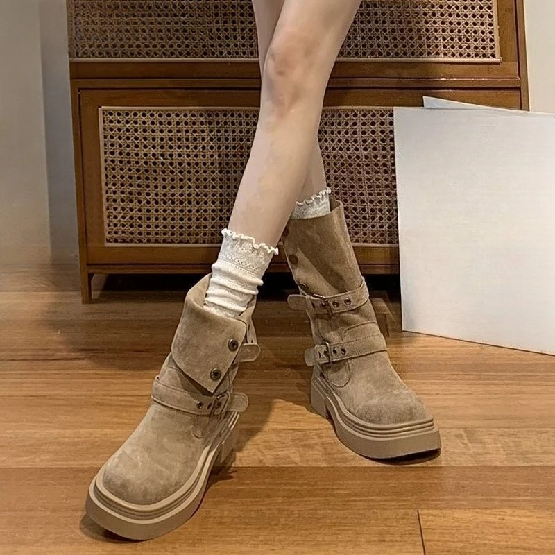 2026 Women Khaki Chunky Sole Ankle Boots Slim Fit Platform Short Boots Fashion Height Increasing Mid Calf Booties Fall Winter