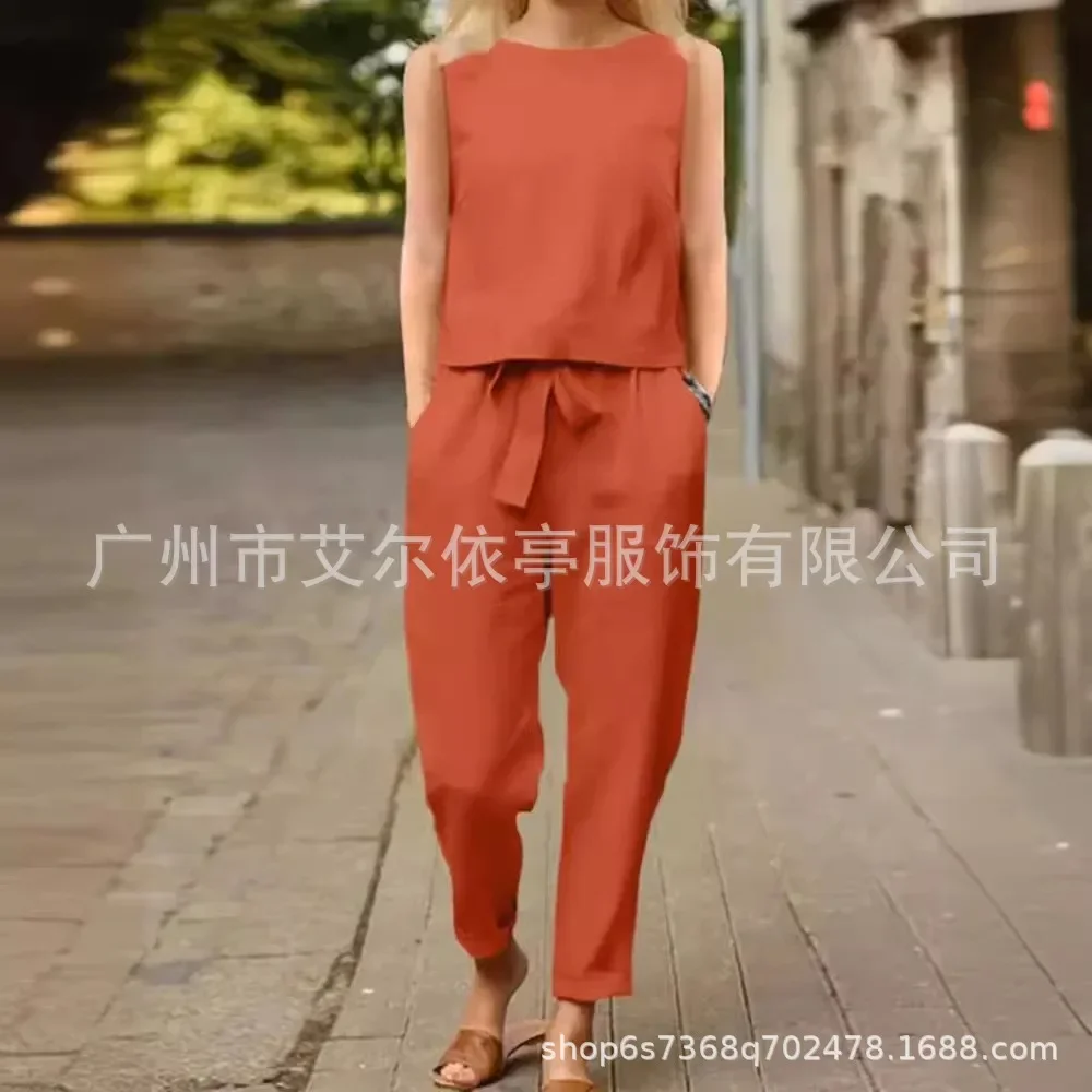 foreign trade women's clothing cotton and linen summer with sleeveless O-neck oversized blouse e wide-leg pants retro set