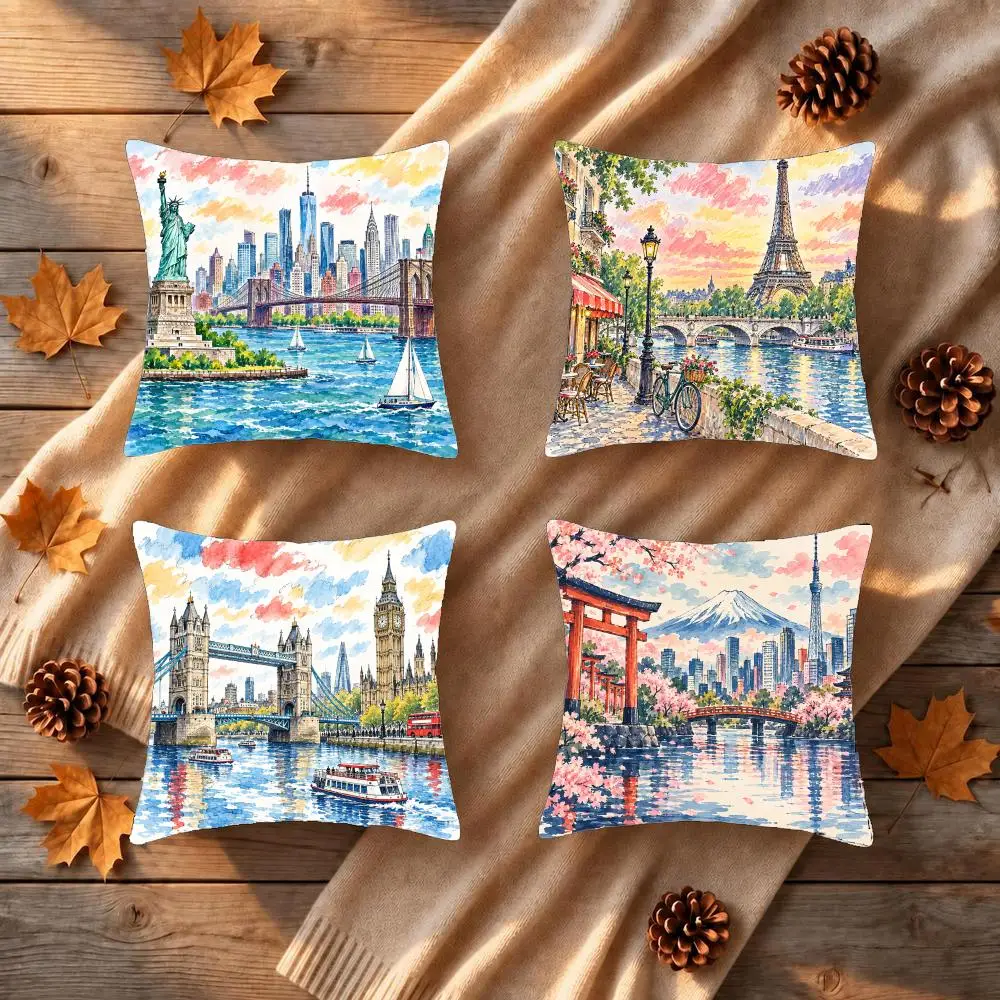Vintage World Landmarks Art Cushion Cover 1/4Pcs Soft Plush Throw Pillow Cover Double-Sided Print Sofa Living Room Decor