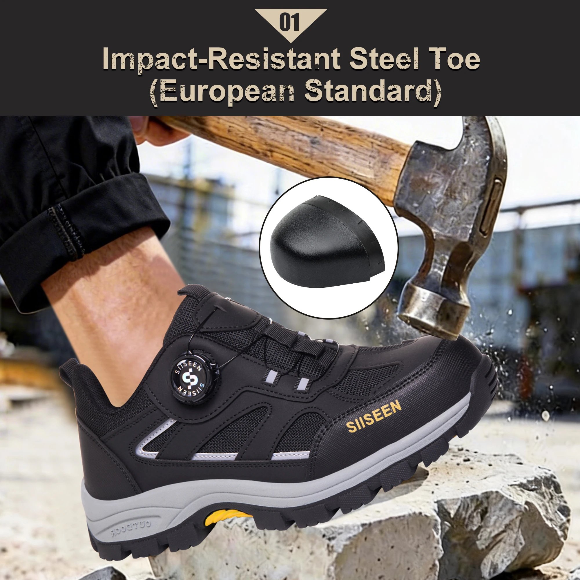 Men's Breathable, Impact-Resistant, Puncture-Resistant, Slip-Resistant, and Durable Safety Work Boots for Construction Sites