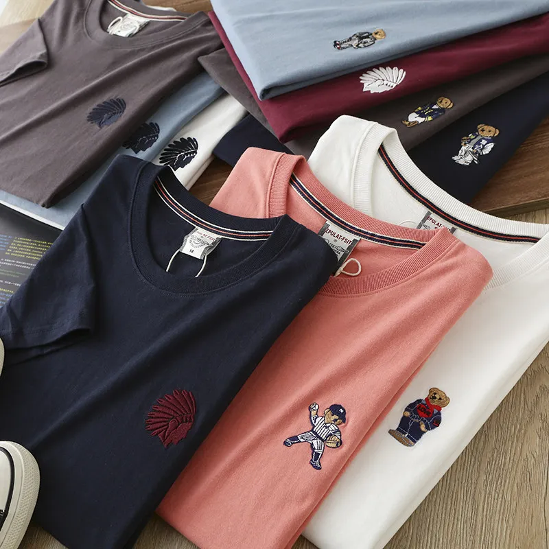 Sharpened cotton, embroidered short-sleeved crew neck t-shirt, top half-sleeved t-shirt