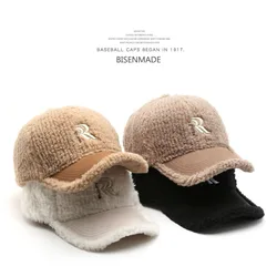 Fashion Female Winter Lamb Wool Hat Letters Double R Embroidered Peaked Cap Outdoor Sports Male Ear Protection Baseball Cap