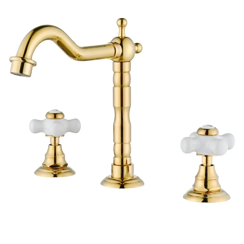 

Retro French light luxury all-copper three-hole faucet bathroom cabinet basin hot and cold faucet double handle ceramic washb
