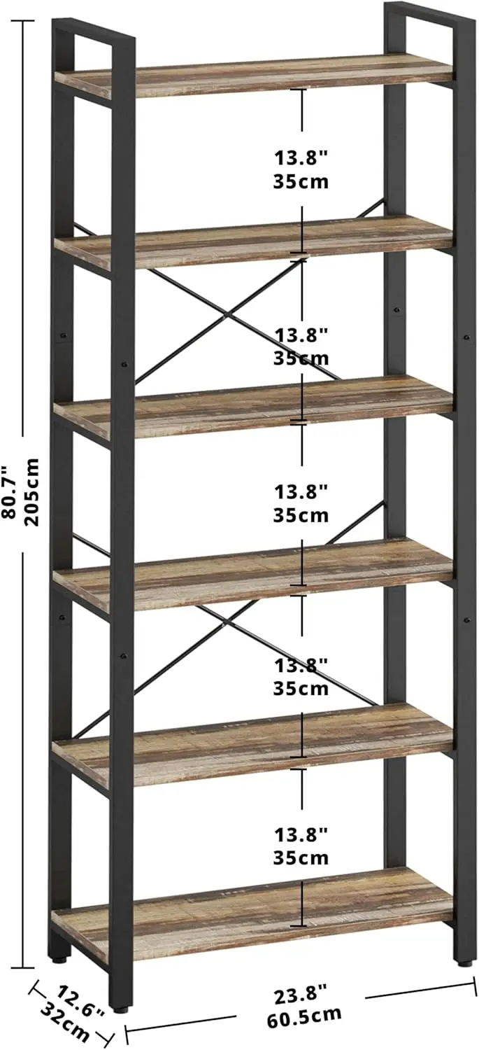 

Bookshelf 6-Tier Ladder Shelf 110 lbs or Shelf Display Shelf Vintage Industrial Style Bookcase for Home Office, Living Room