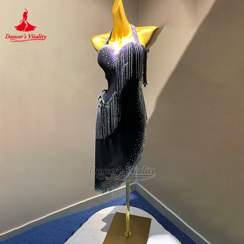 Adult Chacha Samba Inclined Lower Hem Sexy Dress Luxurious Custom Dancer's Vitality Latin Dance Perform&Contest AB Stone Clothes