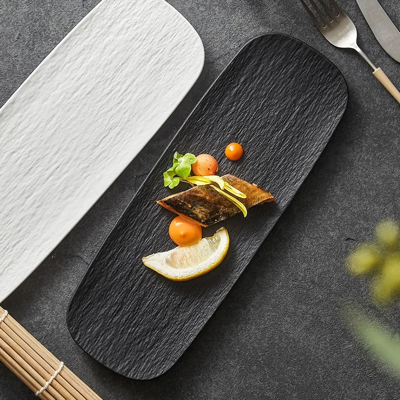 

Black and white frosted rectangular plate Ceramic long bar dim sum Western food plate Japanese creative sushi plate
