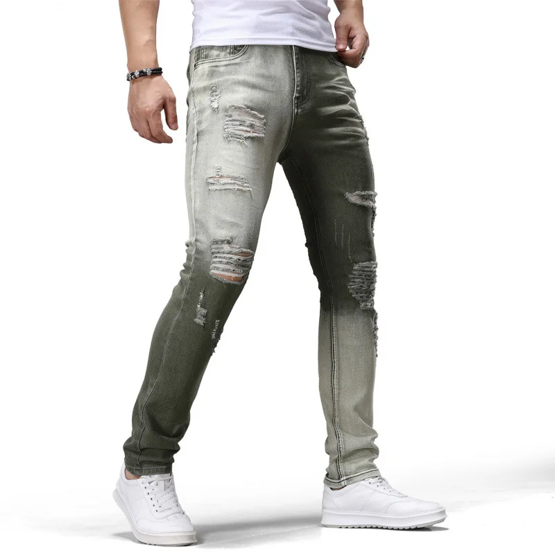 Distressed Men's Pants Retro Nostalgic Color Block Design Jeans Trendy Street Style Colorful Stylish Skinny Pants