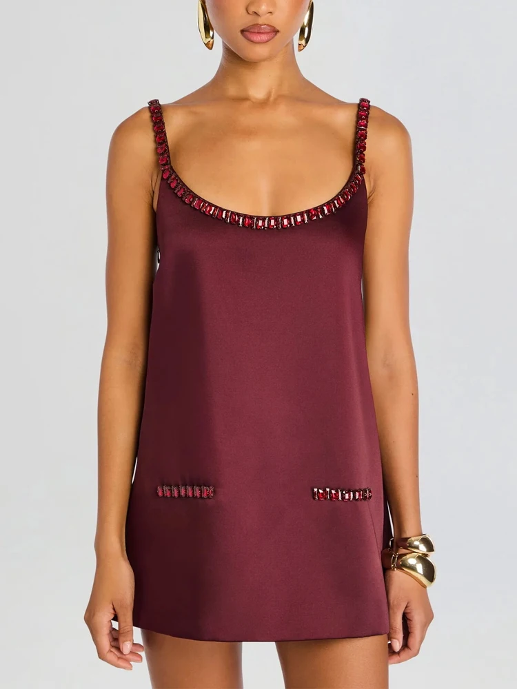 Diamant stiksels effen kleur zomer korte jurk elegant temperament slanke mouwloze jurk dame casual O-hals satijnen feestjurk