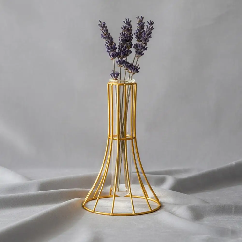 Wrought Iron Base Vase Decorative Glass Vase with Metal Wire Stand Test Tube Hydroponic Plant Container Modern Iron Art for Room