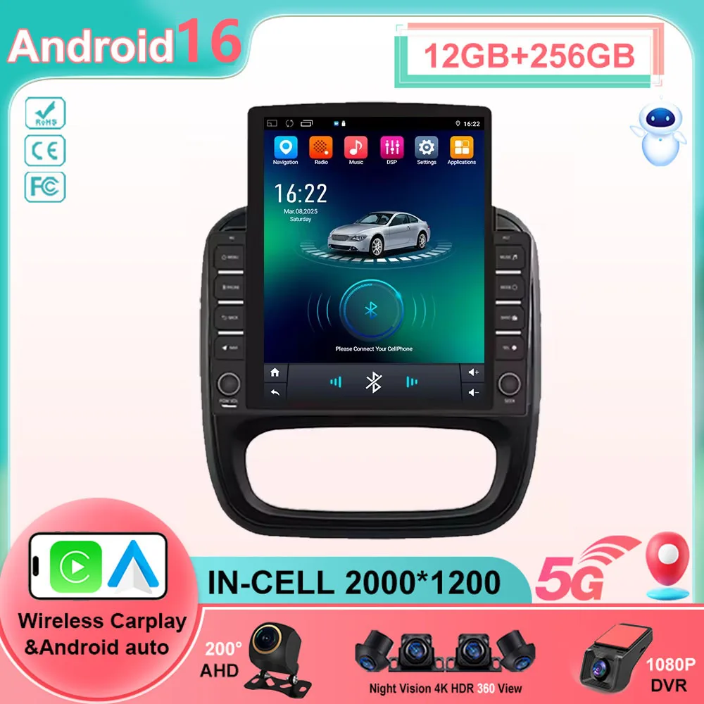 Para Renault Trafic 3 14-21 Para Opel Vivaro B Sistema Inteligente de Navegação Android 16 2 Din Carplay Tela Sensível ao Toque de 9,7 polegadas