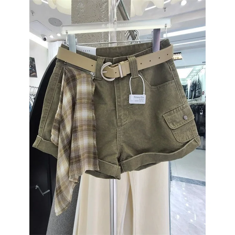 High Waist with Belt Denim Shorts Women's 2026 Summer New Personalized Splicing Overalls Cargo Shorts