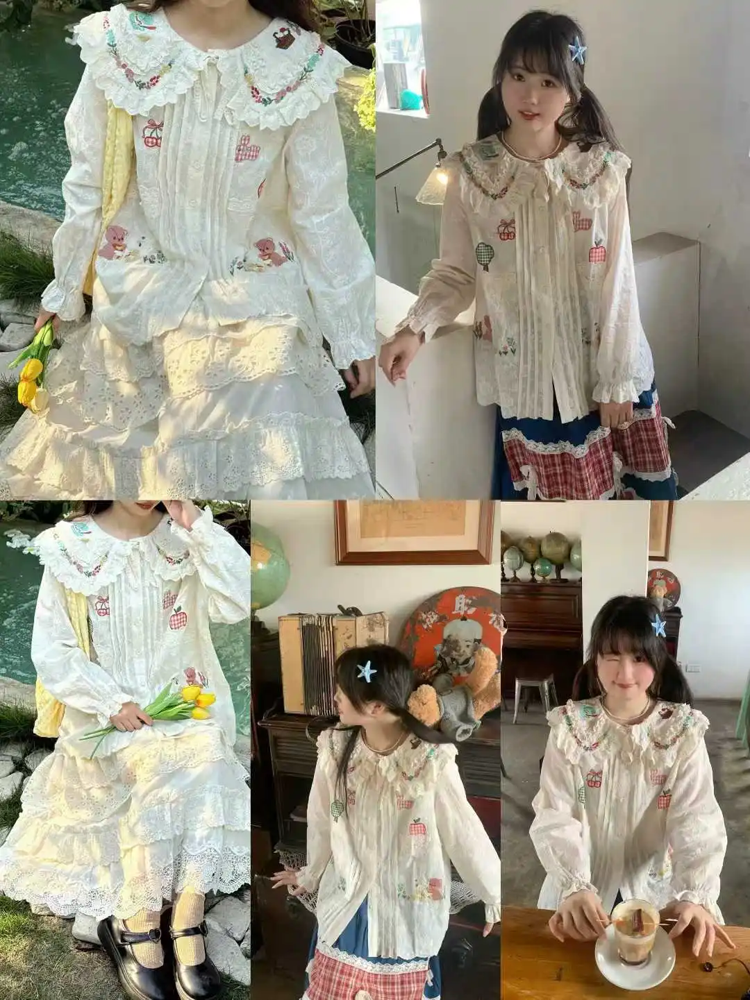 Japanische Süße Mori Mädchen Cartoon Stickerei Baumwolle Puppe Shirts Frauen Frühling Nette Peter Pan Kragen Langarm Casual Bluse Tops