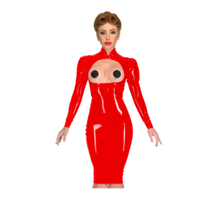 Shiny Wet Look Faux Latex Dress, Sexy Fetish, PVC Slave, Spanking Erotic Dress, Clubwear, Long Sleeve, Bare Breast, Knee-length