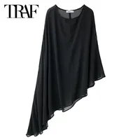 TRAF Asymmetric Capes 2024 Women Autumn Transparent Black Long Poncho Coat Fashion Elegant Casual Black Cloak Outerwears