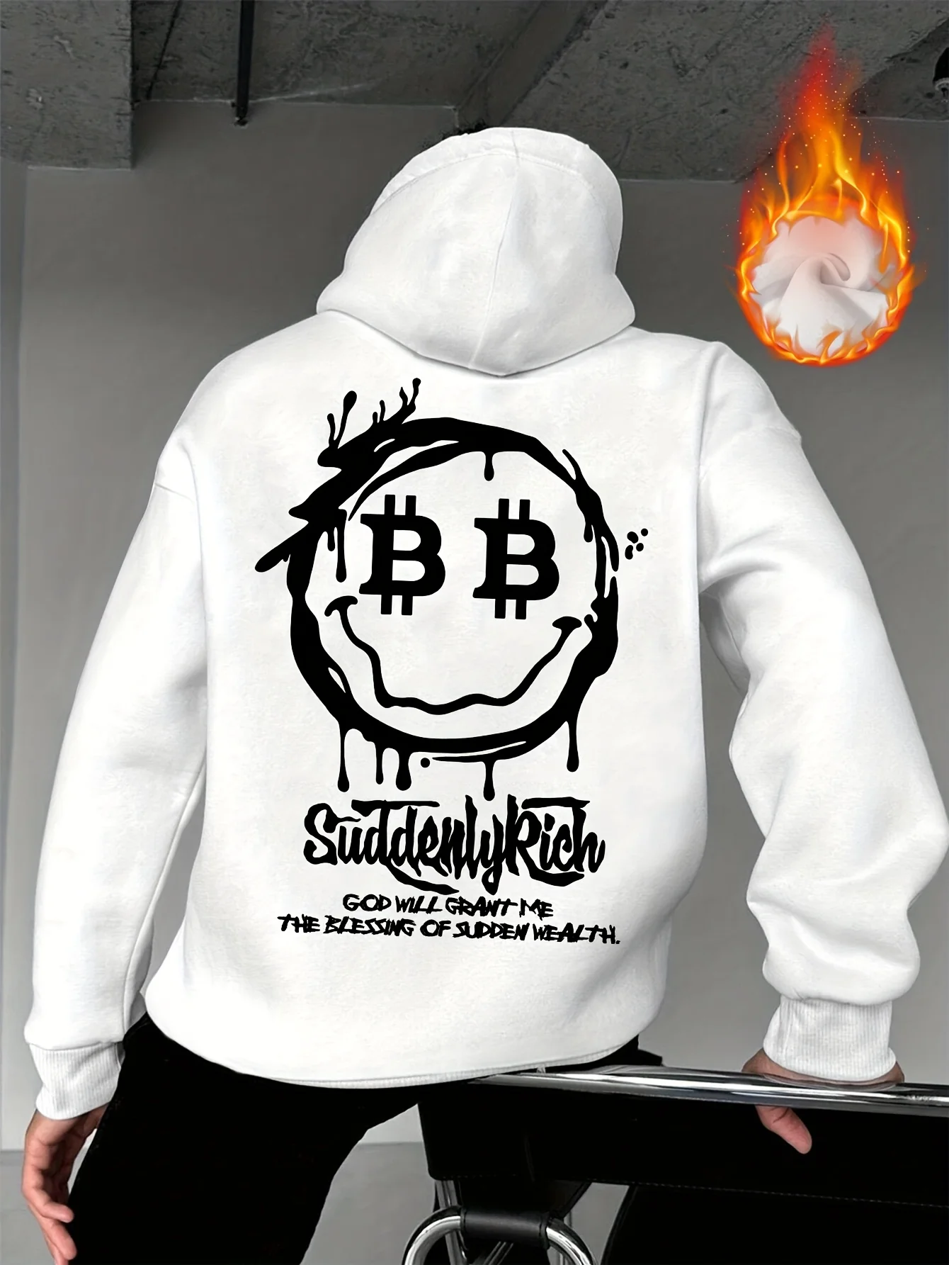 Men's distressed Bitcoin smiling face pattern printed hooded sweatshirt, pullover, crypto street casual loose-fitting hooded top
