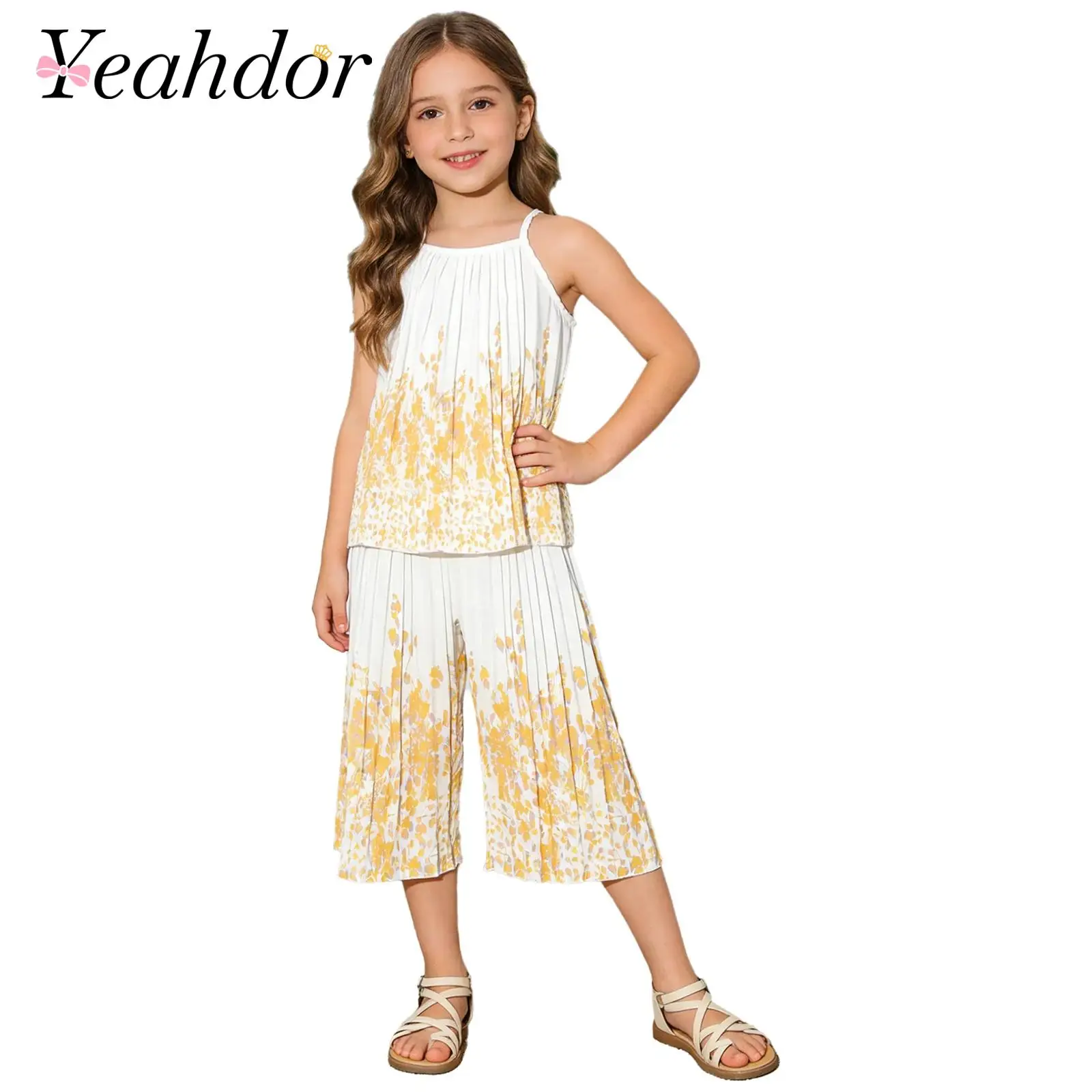 2-7Y Kids Girls 2-piece Floral Print Pleated Outfit Spaghetti Straps Camisole with Wide Leg Pants for Vacation Beach Park Picnic