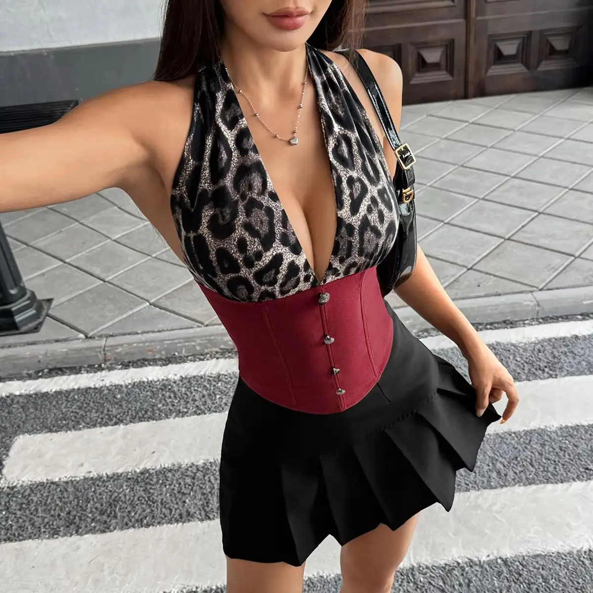 Leopard Printed Corset Women Sexy Backless V-neck Tank Top Slim Vest Lace Up Shaper Tight Party Tops Camisole Summer Streetwear
