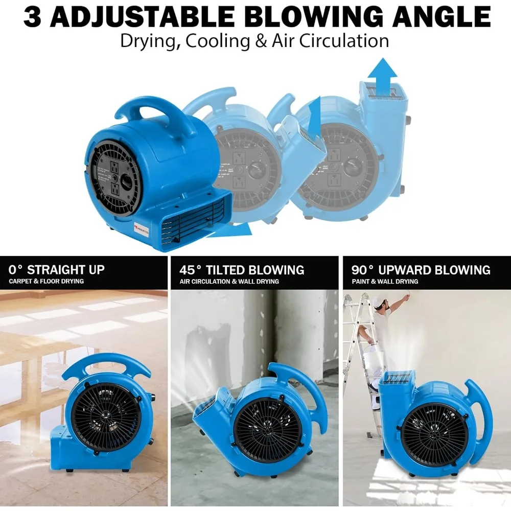 Вентилятор Air Mover мощностью 1/5 л.с., 800 куб. футов в минуту, вентилятор для сушки ковров и пола — 3-скоростной компактный воздухоотвод с двойным выходом, шнур питания 10 футов