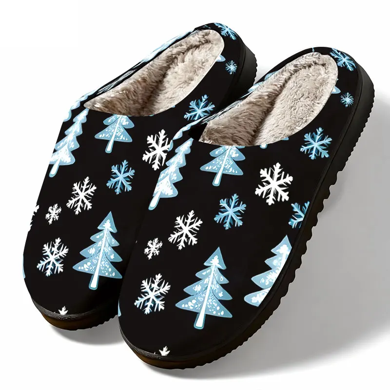 Christmas Tree Snow Print Women's Winter Warm Plush Slippers Fuzzy Fleece House Slippers Indoor Shoes view 2