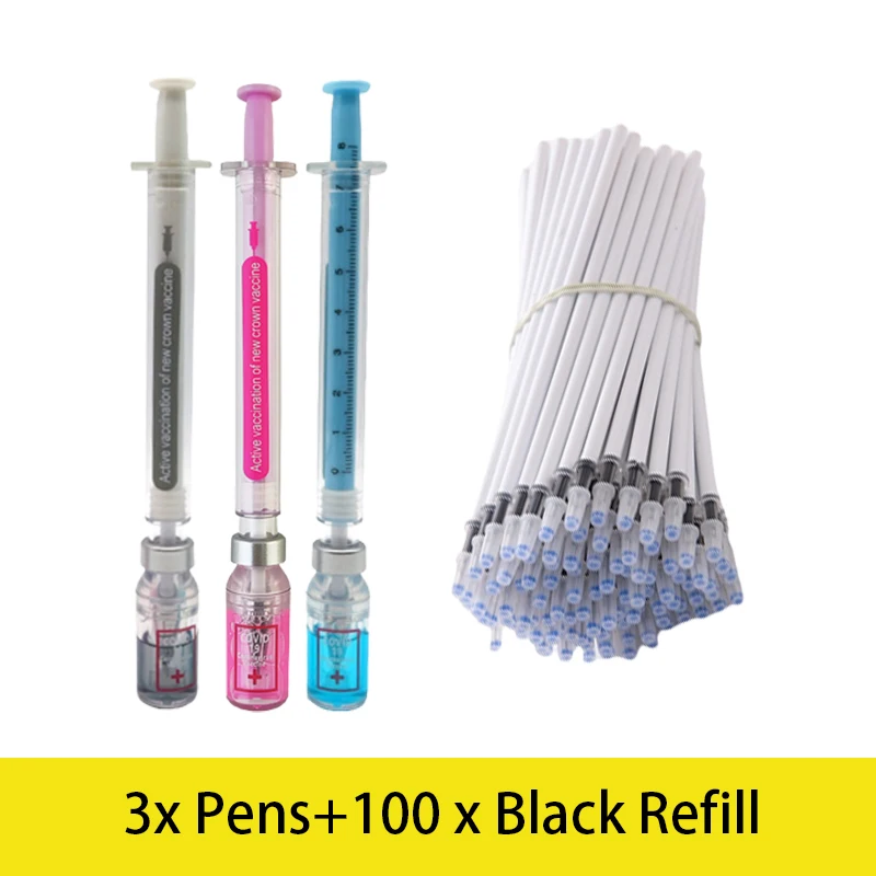 3Pcs Super Smooth Writing Gel Pen +100 Refills Realistic Syringe Neutral pens Simulation Vaccine Syringe Gel Pen Kawaii